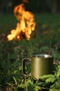 Coffee mug stay near the campfire in green grass, in forest Royalty Free Stock Photo