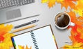 Coffee mug on the table with autumn leaves