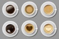 Coffee mug top view collection isolated. Black coffee, cappuccino espresso, latte, mocha, americano cup. vector Royalty Free Stock Photo