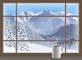 Coffee mug on a window sill. winter mountain landscape. Vector