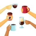 Coffee mugs in hands vector collection in cartoon style Royalty Free Stock Photo