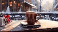 Coffee mugs and latte cappuccinos outside at a cafe bistro during the winter Royalty Free Stock Photo