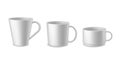 Coffee mugs. Realistic white ceramic mug mockup for espresso, cappuccino and tea. Different forms utensil side view. Hot