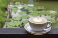 Coffee Mugs white plate with The heart shaped makeup on iron balconies Background Lotus pond