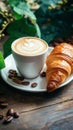 coffee near pistachio cream croissant, life style Authentic living