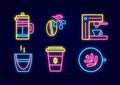 Coffee neon light icon collection. Coffee to go and cup icon. Beans and machine. Editable stroke. Vector illustration Royalty Free Stock Photo