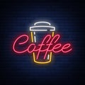 Coffee neon sign logo vector illustration, emblem in neon style, bright night sign, night advertisement of coffee