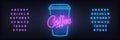 Coffee neon template. Glowing lettering coffee sign for cafe