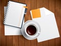 Coffee, notebook and paper on wooden table, vector illustration