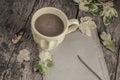 Coffee and notebook on wooden table decorated with autumn leaves Royalty Free Stock Photo