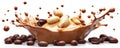 Coffee and Nut Splash Liquid Composition, Coffee Beans, Peanuts, Cashews, Creamy Texture Coffee Splash, Nuts Royalty Free Stock Photo