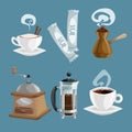 Coffee objects set. White cup of coffee with cream and cinnamon sticks, sugar sachets, turkish coffee maker cezve, grinder, french