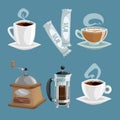 Coffee objects set. White cup of coffee with heart shaped cream, sugar sachets, grinder, french press.