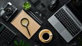 Coffee on Office black table with accessories. Royalty Free Stock Photo