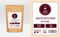 Coffee package label, food bag design. Sticker with hot beverage in cup, realistic mockup, product template, paper kraft Royalty Free Stock Photo