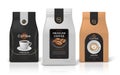 Coffee package mockup. Realistic food pack mockup with brand identity design, black white and brown paper zip packages