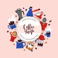 Coffee packaging label design, modern arrangement with illustrations of coffee tools and drinks in cups, mugs Royalty Free Stock Photo