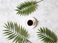 Coffee and palm branches. Cup of black espresso on a white creative concrete background. Rest in warm tropical countries