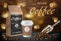 Coffee paper cup with beans ads. 3d illustration of hot arabica coffee. Product paper bag package design with brick