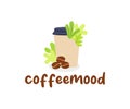 Coffee in a paper cup, coffee beans and vegetation, logo design. Food and drink, beverage, drinking and coffee house, vector desig