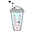 Coffee paper cup hand drawn vector white background, pink bunny. Sweet greeting card, postcard with little black heart, rabbit.