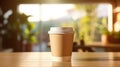 Coffee Paper cup of morning hot coffee for take away on table from cafe shop whit sunlight. Generative AI Royalty Free Stock Photo