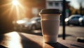 Coffee Paper cup of morning hot coffee for take away on table from cafe shop whit sunlight, calm and relax coffee, relaxation time