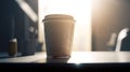Coffee Paper cup of morning hot coffee for take away on table from cafe shop whit sunlight, calm and relax coffee, relaxation time