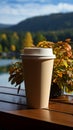 Coffee in paper cup, nature\'s backdrop Sip of warmth amidst outdoor serenity