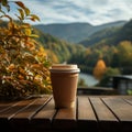 Coffee in paper cup, nature\'s backdrop Sip of warmth amidst outdoor serenity