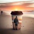 Coffee with coffee paper cup with photo on beach morning