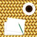 Coffee and paper note on seamless yellow wooden background