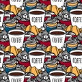 Coffee pattern. Cafe wallpaper. Bakery seamless texture. Graphic print with a coffee cup, muffin and croissant.