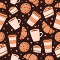 Seamless pattern of coffee and sweets on a dark background. Vector illustration of desserts in cartoon style. Royalty Free Stock Photo