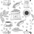 Coffee pattern. Engraved tree leaves and beans sketch, hand drawn outline mug with beverage and sack, retro grinder and