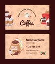 Coffee pattern vector coffeebeans business card coffeecup drink hot espresso or cappuccino in coffeeshop backdrop set