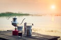 Coffee percolator on a campfire at morning Royalty Free Stock Photo