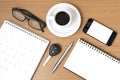 Coffee and phone with car key,eyeglasses,notepad,calendar Royalty Free Stock Photo