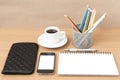 Coffee,phone,eyeglasses,notepad,wallet and color pencil Royalty Free Stock Photo