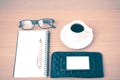 Coffee,phone,eyeglasses,notepad and wallet Royalty Free Stock Photo