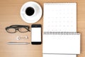 Coffee and phone with key,eyeglasses,notepad,calendar Royalty Free Stock Photo