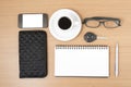 Coffee and phone with notepad,car key,eyeglasses and wallet Royalty Free Stock Photo