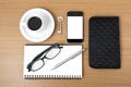 Coffee and phone with notepad,key,eyeglasses and wallet Royalty Free Stock Photo