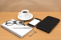 Coffee and phone with notepad,key,eyeglasses and wallet Royalty Free Stock Photo