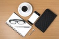 Coffee and phone with notepad,key,eyeglasses and wallet Royalty Free Stock Photo