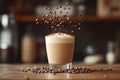 coffee photography, coffee beans hover above a latte on a wooden counter, creating a captivating scene with room for