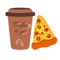 Coffee and pizza, quick breakfast. Royalty Free Stock Photo