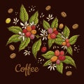 Engraving coffee plants, vintage decorative leaves and coffee cherries