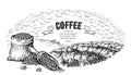 Coffee plantation landscape bag bush and scoop in graphic style hand-drawn vector