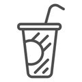 Coffee in plastic cup line icon, drinks concept, Disposable cup with lid and straw sign on white background, Paper cup Royalty Free Stock Photo